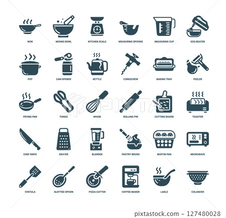 kitchen tools icon set wok mixing bowl scale spoons cup, Grater knife Toaster Chef Blender 127480028