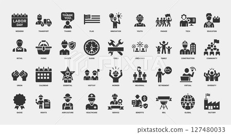 labor icons themes like labor day thanks innovation youth safety community, Union Construction Calendar 127480033