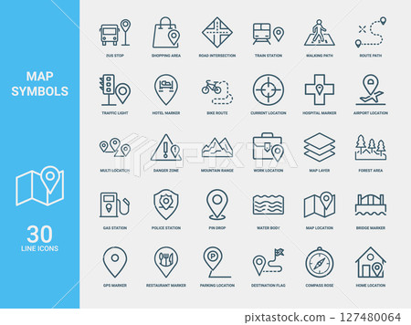 map symbols for location-based information set line icons, train intersection area bus road stop station shopping map symbols for location-based information set line icons, train intersection area bus road stop station shopping 127480064