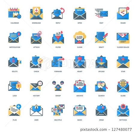 email-themed icons collection, actions electronic communication information management, delete forward check heart 127480077