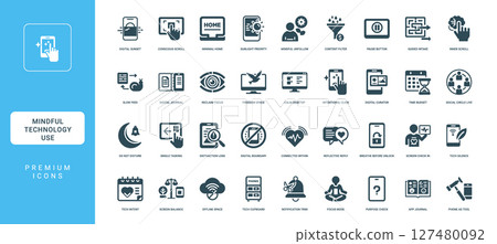 mindful modern technology use, digital gadgets mindful usage icon set 127480092