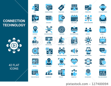 connection technology modern people communication 42 flat icons, network social group virtual email meetup 127480094