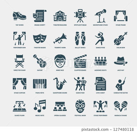 performing arts collection icons elements, stage performance, audience clapper curtain board hat seats stage jazz 127480118