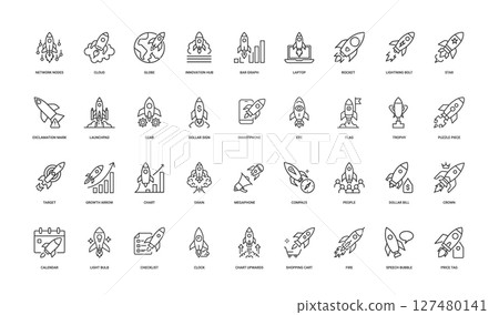 collection rocket-themed icons concepts like innovation growth technology minimalist line art style 127480141