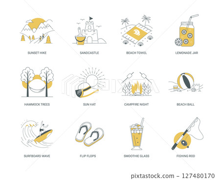 collection summer-themed icons recreational activities objects associated summer vacations collection summer-themed icons recreational activities objects associated summer vacations 127480170
