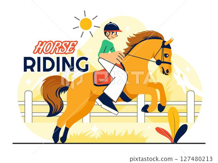 Horse Riding Vector Illustration Featuring Practicing Horseback Riding or Equestrian Sports in a Green Field with Flat Style Cartoon Background Horse Riding Vector Illustration Featuring Practicing Horseback Riding or Equestrian Sports in a Green Field with Flat Style Cartoon Background 127480213