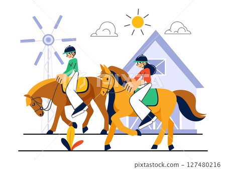 Horse Riding Vector Illustration Featuring Practicing Horseback Riding or Equestrian Sports in a Green Field with Flat Style Cartoon Background Horse Riding Vector Illustration Featuring Practicing Horseback Riding or Equestrian Sports in a Green Field with Flat Style Cartoon Background 127480216