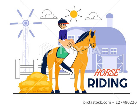Horse Riding Vector Illustration Featuring Practicing Horseback Riding or Equestrian Sports in a Green Field with Flat Style Cartoon Background Horse Riding Vector Illustration Featuring Practicing Horseback Riding or Equestrian Sports in a Green Field with Flat Style Cartoon Background 127480220