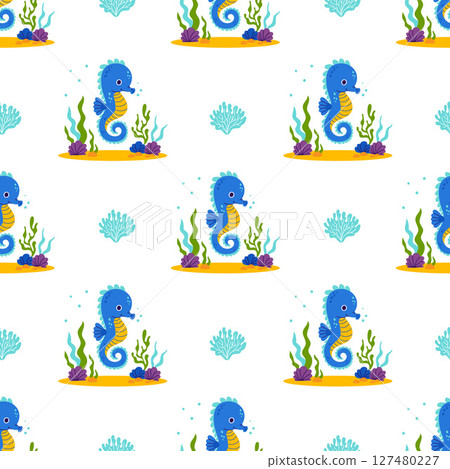 Underwater Seamless Pattern. Cute Sea Seahorse with algae and coral on seabed on white Background. Vector Illustration. Kids collection 127480227