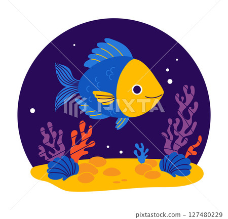 Cute Fish with algae and coral on seabed on blue background. Vector illustration. Kids collection Cute Fish with algae and coral on seabed on blue background. Vector illustration. Kids collection 127480229