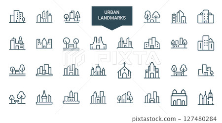 urban landmarks parks landscapes cityscapes collection line art icons, architecture outline design 127480284