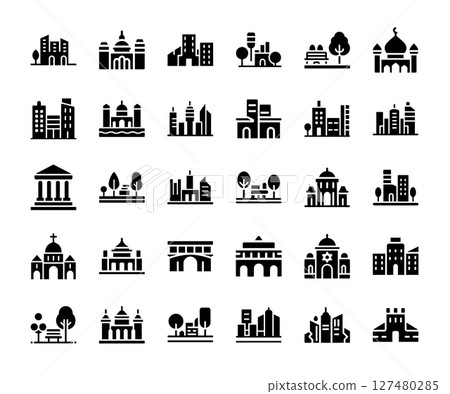urban landmarks buildings cityscape elements collection silhouette icons, Travel Tourism Monument City 127480285