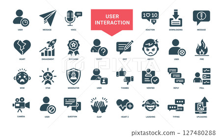 user interaction icons emotions actions engagement levels within digital platform collection, Thumbs Moderator Reply Verified 127480288