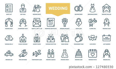 collection wedding themed icons marriage ceremonies, Music Guests Party Happiness 127480330