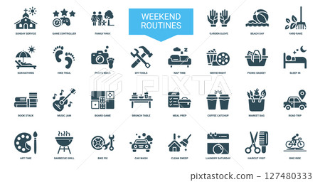 displays collection weekend routine icons activities like sunbathing hiking diy relaxing, catchup bag trip market road prep meal coffee 127480333