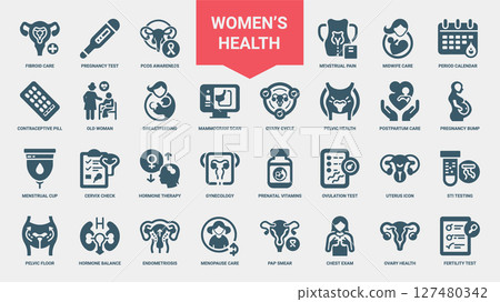 womens health reproductive care collection icons, gynecology hormone prenatal cervix therapy check vitamins 127480342