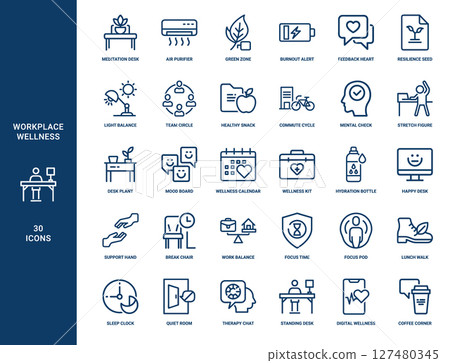 workplace wellness employee well-being collection line icons, board Mood plant Desk Wellness Calendar kit 127480345