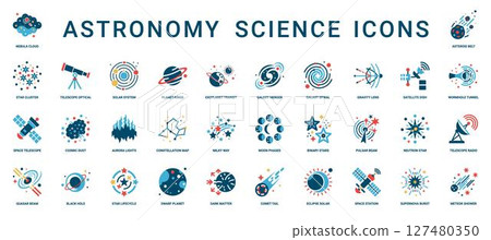 astronomy science space research flat icon, binary phases star neutron stars moon pulsar beam 127480350