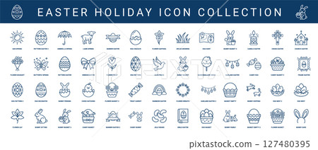 easter holiday line icons, lamb egg bunny candle cross church butterfly dove marshmallow candy basket bible ears easter holiday line icons, lamb egg bunny candle cross church butterfly dove marshmallow candy basket bible ears 127480395