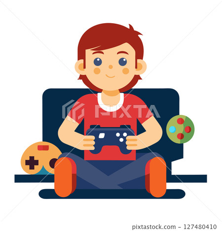 boy sitting on floor front tv playing video games controller hands, culture community lifestyle competition 127480410