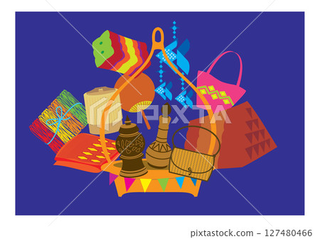 Traditional North Eastern Thai Handicrafts Illustration on Blue Background Traditional North Eastern Thai Handicrafts Illustration on Blue Background 127480466