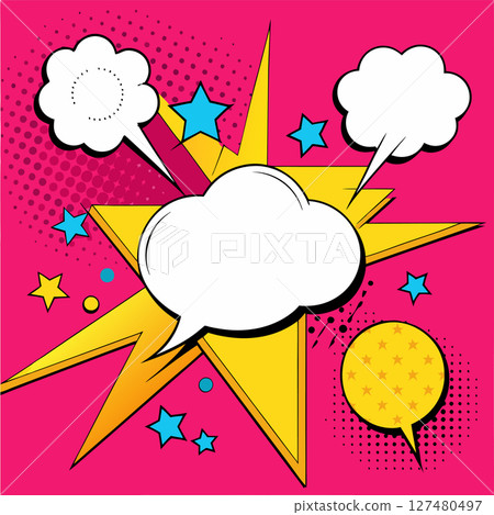 vibrant comic book style design features speech bubbles stars geometric shapes against pink halftone background evoking sense action retro pop art, Message Communication Dialogue Conversation 127480497