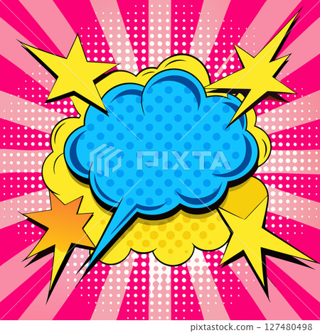 vibrant comic book style explosion blue speech bubble yellow stars against pink radial background, blast bang pow wow 127480498