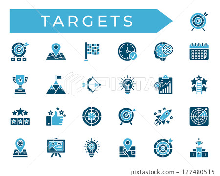 achieving targets set flat icons concepts, monitoring assessment evaluation measurement 127480515