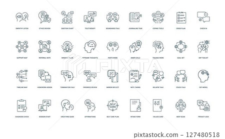 therapy mental health self-care therapist activity collection linear icons concepts 127480518