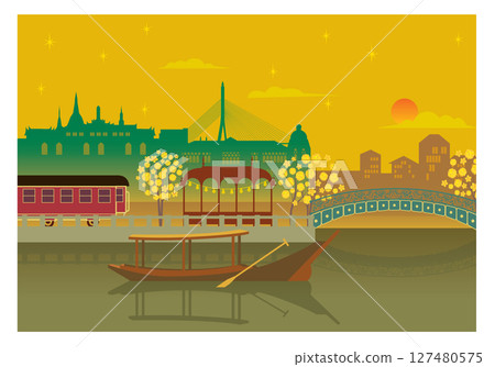 Cityscape Illustration at Sunset with Bridge and Boat in Old Town of Bangkok, Thailand Cityscape Illustration at Sunset with Bridge and Boat in Old Town of Bangkok, Thailand 127480575