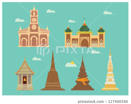 Colorful Architectural Illustration of Religious Landmarks in Thailand 127480580