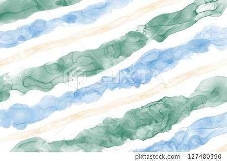 Abstract banner of alcohol ink art. Rough diagonal stripes in light blue and green on a white background Abstract banner of alcohol ink art. Rough diagonal stripes in light blue and green on a white background 127480590