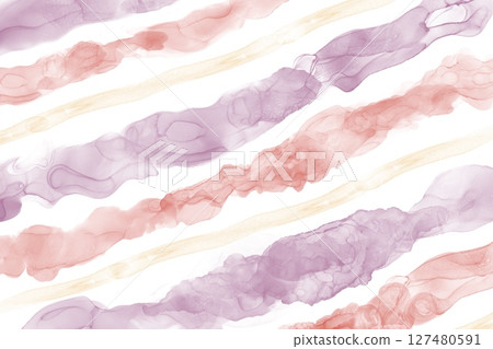Alcohol ink art abstract banner. Orange and purple rough diagonal stripes on white background 127480591