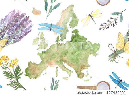 Map of Europe surrounded by lavender, herbs, insects, and leaves. Hand-painted in watercolor. Perfect for eco-friendly branding, travel blogs, botanical packaging, and educational or tourism designs Map of Europe surrounded by lavender, herbs, insects, and leaves. Hand-painted in watercolor. Perfect for eco-friendly branding, travel blogs, botanical packaging, and educational or tourism designs 127480631