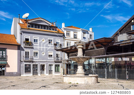View on the beautiful facades of old buildings in Art Nouveau architectural style in Aveiro city in Portugal 127480803