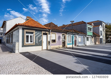 View on the beautiful facades of old buildings in Art Nouveau architectural style in Aveiro city in Portugal View on the beautiful facades of old buildings in Art Nouveau architectural style in Aveiro city in Portugal 127480809