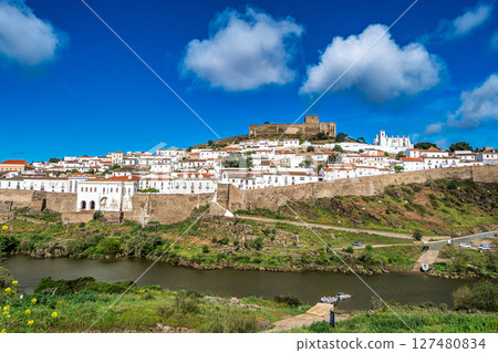 View of the river Guadiana and the village of Mertola. Alentejo Region. Portugal 127480834
