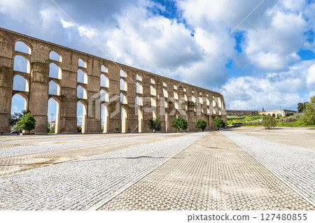The Amoreira Aqueduct in the city of Elvas in Alentejo, Portugal. 127480855