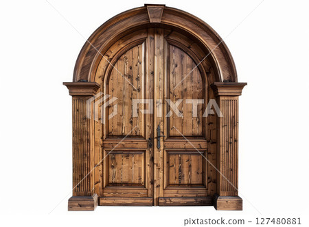 Beautiful wooden door with arched top, two panels, isolated on white, detailed photo. 127480881