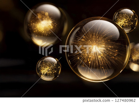 能量在液體球體中發光，黑色背景 127480962