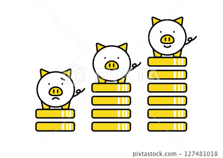 Illustration of a piggy bank with increasing money and various expressions Illustration of a piggy bank with increasing money and various expressions 127481018