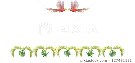 Flying tropical birds with bright plumage, flowers, palm leaves watercolor horizontal frame isolated on white. Hand-painted ideal for stationery, fabric, souvenirs, summer projects. Golden pheasant Flying tropical birds with bright plumage, flowers, palm leaves watercolor horizontal frame isolated on white. Hand-painted ideal for stationery, fabric, souvenirs, summer projects. Golden pheasant 127481151