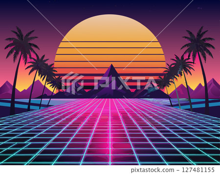 Retro-Futuristic Synthwave Landscape with Neon Grid Retro-Futuristic Synthwave Landscape with Neon Grid 127481155