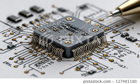 An ultra-realistic 4K technical sketch of a circuit board viewed from above, drawn with drafting pencil precision. Generative AI 127481180