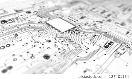 An ultra-realistic 4K technical sketch of a circuit board viewed from above, drawn with drafting pencil precision. Generative AI 127481184