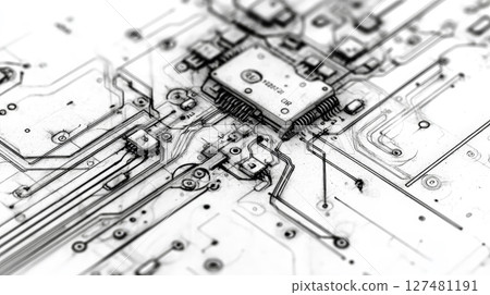 An ultra-realistic 4K technical sketch of a circuit board viewed from above, drawn with drafting pencil precision. Generative AI 127481191