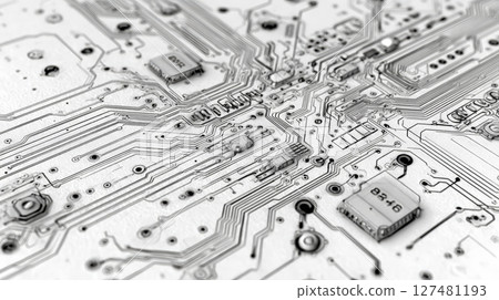 An ultra-realistic 4K technical sketch of a circuit board viewed from above, drawn with drafting pencil precision. Generative AI 127481193