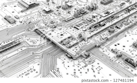 An ultra-realistic 4K technical sketch of a circuit board viewed from above, drawn with drafting pencil precision. Generative AI 127481194
