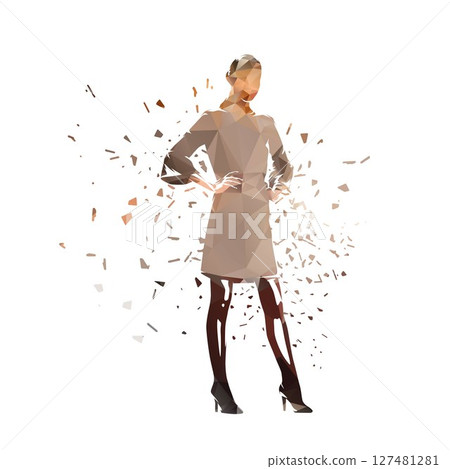 Business woman standing with hands on hips. Female fashion model low poly clip art. Isolated vector geometric illustration with dispersion effect 127481281