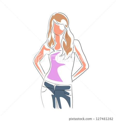 Young skinny woman standing in summer clothing, blonde hair, slim figure. Isolated vector illustration 127481282